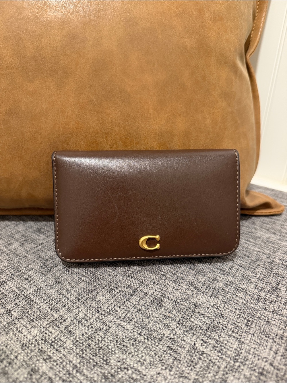 Coach Brown Leather Compact Wallet with Gold 'C' Accent